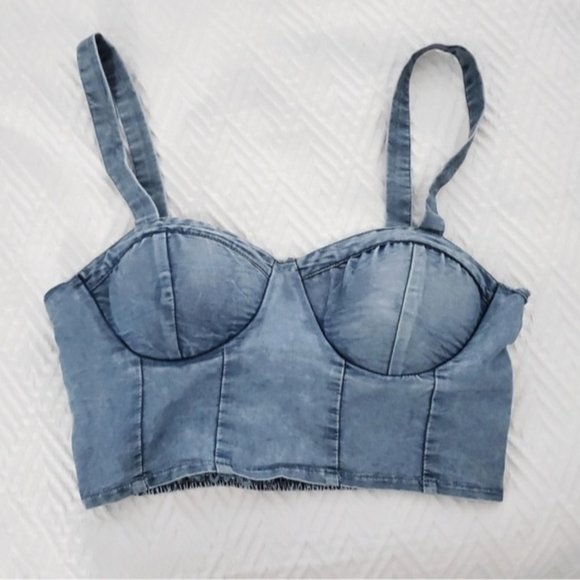 BOG COLLECTIVE Denim Bustier Padded Crop Top - Picture 2 of 10